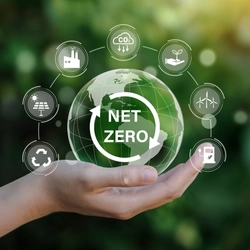 A hand holding a bubble that says Net Zero.