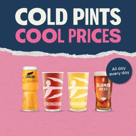 A graphic promoting 'cold pints cool prices' for Pub and Social.