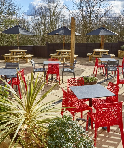 The exterior beer garden and seating area at the Snipe.