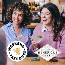 A banner featuring the circular white and black Weekend Takeover logo with a golden lion in the centre, and the diamond shaped Hendrick's Gin logo on an image of two people sitting at a wooden table in a pub, holding cocktails.