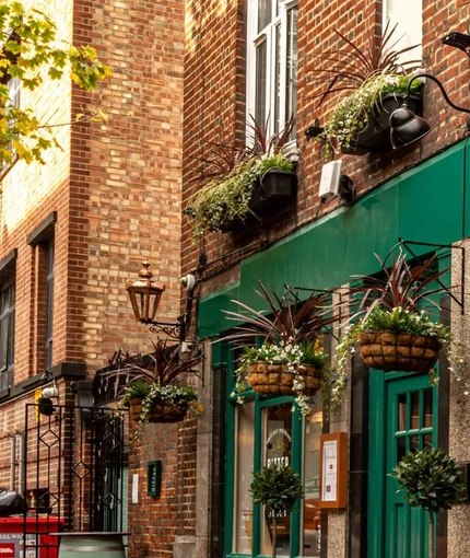 The exterior facade, signage, and beer garden seating area of the Lucas Arms in London, with hanging flower baskets on the wall and wooden picnic tables.