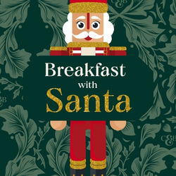 A promo square banner featuring a Christmas Nutcracker figure behind the wording "Breakfast With Santa" to advertise Christmas events at Chef & Brewer venues.