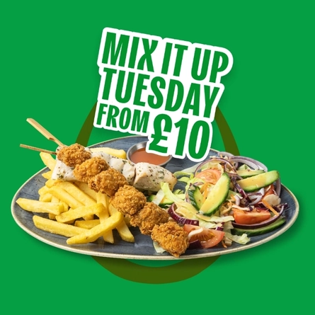 Promotional graphic reading “Mix It Up Tuesday From £10” above chicken skewers served with chips, side salad and a dipping sauce, displayed on a green background with a horseshoe graphic.