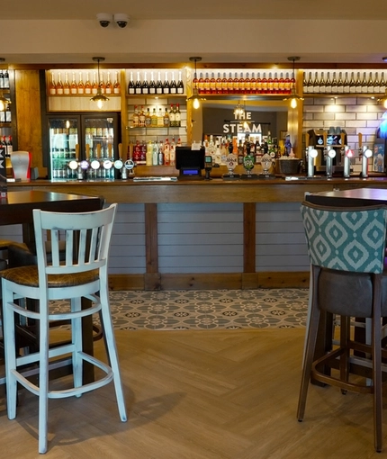 The bar and interior seating area at The Steam Turbine in Rugby.