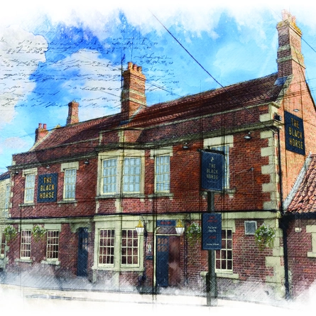 An illustration of the exterior facade at The Black Horse.