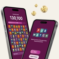 A banner showing two smartphones, one displaying a match-3 game board and current score and the other displaying the words "PUB MATCH" above the words "Match 3 or more of the same colour. Hiscores win prizes!". 