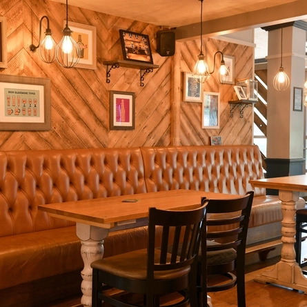 Interior dining area of a pub.