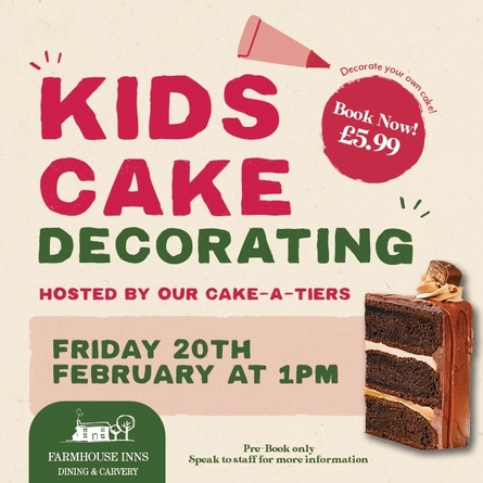 A poster promoting a Kids Cake Decorating event on Friday 20th February at 1pm for £5.99,