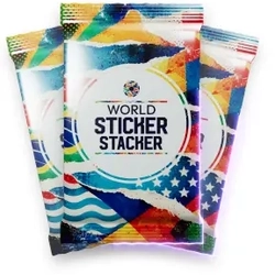 Three packets of football cards with the words "World Sticker Stacker" on the front, on a transparent background.