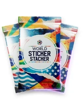 Three packets of football cards with the words "World Sticker Stacker" on the front, on a transparent background.