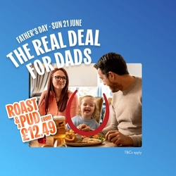 A banner promoting a Roast and a Pud for £12.49 as part of the Father's Day campaign at Hungry Horse venues.