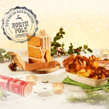 Farmhouse Inns food in takeaway boxes, with a stamp in the corner that says 'North Pole approved'.