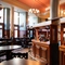 The wood panelled bar and interior restaurant seating area at the Rhoderick Dhu in Glasgow.