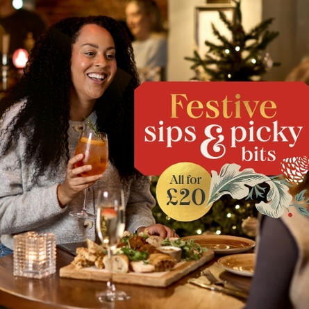 A 686x457 Web Homepage Promo Banner advertising Festive Sips & Picky Bits at Chef & Brewer Venues.
