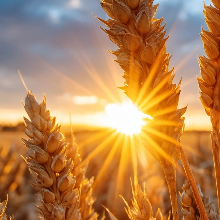 A field of barley with the sun on teh horizon.