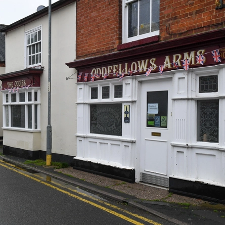 The exterior facade with venue signage at The Oddfellows Arms.