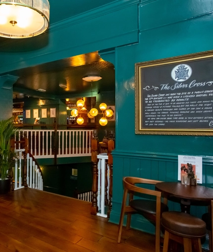 Interior of the pub in the seating area.