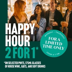 A banner showing an image of a group of people in a pub, holding drinks; and the words "Happy Hour 2 for 1 on selected pints, G&Ts, 175ml glasses of house wine and soft drinks. Monday-Thursday, from 4-7pm, for a limited time only."
