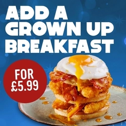 A graphic promoting adding an adult's breakfast for £5.99.