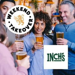 A banner featuring the square, white Inch's cider logo and the circular Weekend Takeover logo with a golden lion, on an image of four people in a pub, holding glasses of cider.