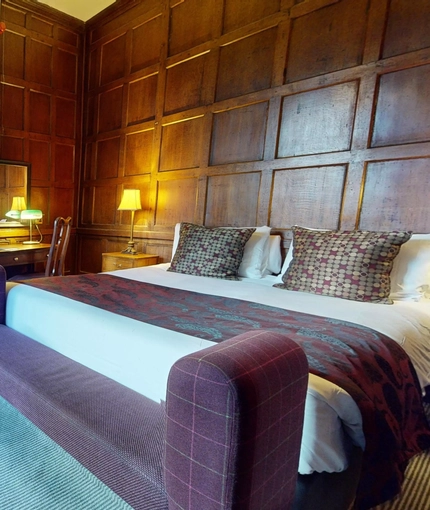 A hotel room inside The Rothley Court Hotel.