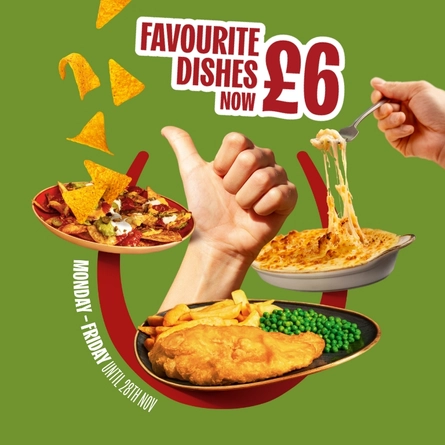 A banner promoting £6 Favourites at Hungry Horse venues.