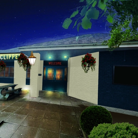 An artist impression illustration showing the exterior facade with outdoor seating at The Mersey Clipper.