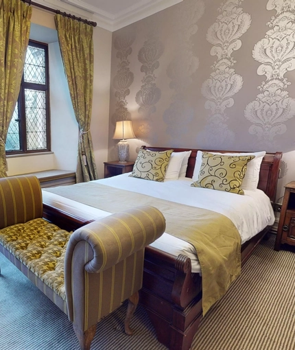 A hotel room inside The Rothley Court Hotel.