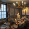 Function room with large table set up for a meal with a chandelier and a large window