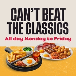 A graphic promoting classics at Flaming Grill.