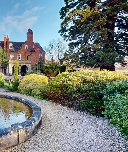 A water feature outside of The Rothley Court Hotel.