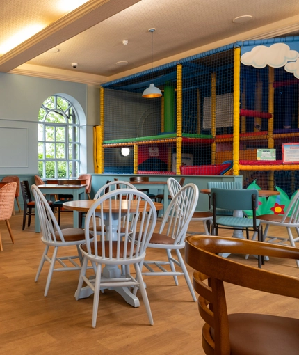 The children's seating area and play area at the Wacky Warehouse at The Stanley Ferry.