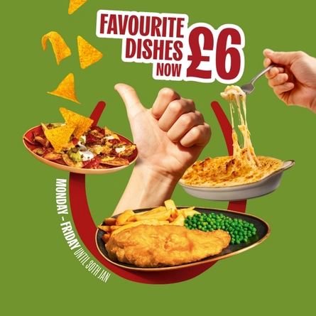 A banner advertising favourite dishes for £6, Monday - Friday until 30th January at Hungry Horse venues.