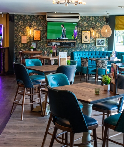 Interior restaurant and seating area of the Buff