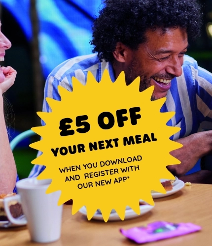 A graphic promoting 'save £5 on your next meal when you download and register with our new app.'
