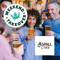 A banner featuring the square, white Aspall Cyder logo and the circular Greene King Weekend Takeover logo with a green crown, on an image of four people in a pub, holding glasses of cider.