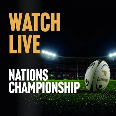 A banner with a black background featuring a rugby player and the wording "Watch Live - Nations Championship - Book Your Seat" to advertise a sporting event at Belhaven venues.