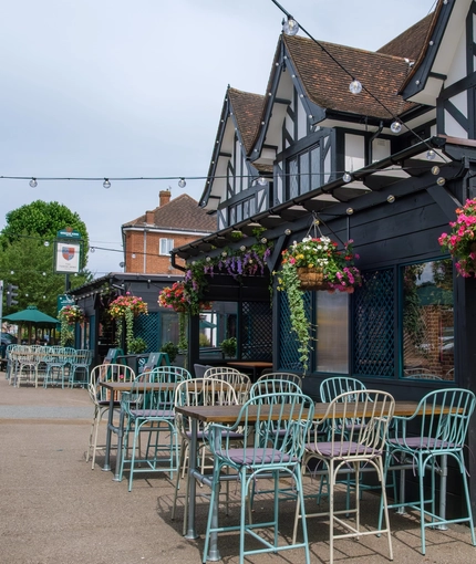 The exterior beer garden and seating area at the Tudor Arms.