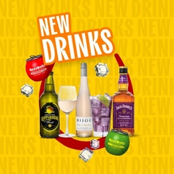Promotional graphic reading “New Drinks” featuring Kopparberg Mixed Fruit cider, Bijou rosé wine, a purple mixed drink with lime, Jack Daniel’s Tennessee Blackberry whiskey, and BuzzBallz Lime ’Rita and Strawberry ’Rita cocktails, displayed with ice cubes on a yellow background with a red horseshoe graphic. background with a red horseshoe graphic.