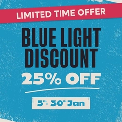 A graphic banner promoting Blue Light discount 'Twenty five percent off 5-30th January' at Flaming Grill venues..