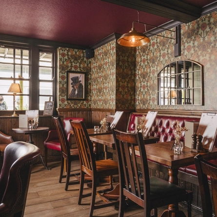 The interior restaurant and seating area at the Three Tuns.