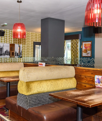 Interior dining area of a pub.