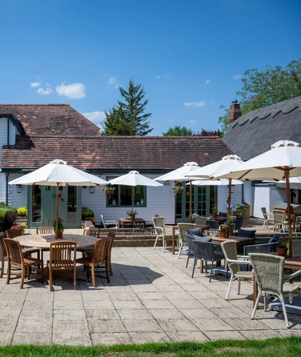 The beer garden at the Three Horse Shoes, in front of the pub.