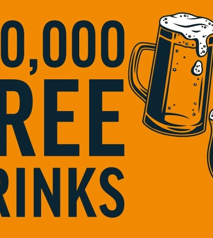 A banner promoting 100,000 free drinks as part of the Big Wheel of Wins campaign at Hungry Horse venues.
