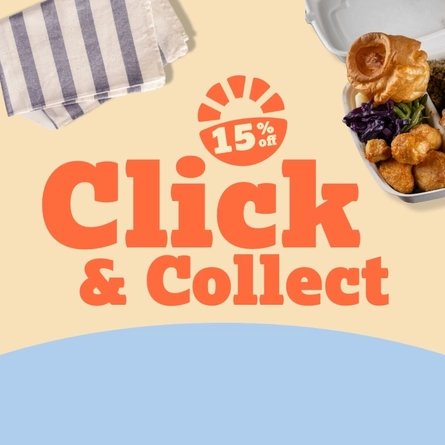 A banner showing a roast meal in a takeaway container promoting the 15% off Click & Collect campaign at Farmhouse Kitchen venues.