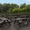 Exterior beer garden of a pub with a seating area.