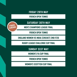 A banner displaying televised Sports events during May being shown at selected Greene King Sport venues.