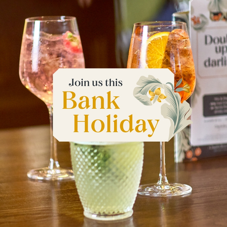 A 768x768 Web Homepage Promo Banner showing a selection of drinks sat on a bar top to advertise Bank Holiday drinks at Chef & Brewer venues.