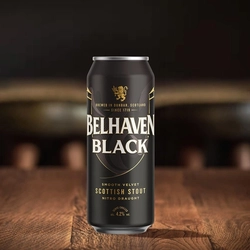 A can of Belhaven Black on a table.