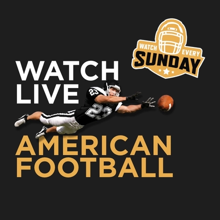Promotional graphic for live American football on a dark background featuring the text “Watch Live American Football” and “Watch Every Sunday.” An American football player in a black uniform dives forward to catch a football, with a helmet logo displayed beside the text.